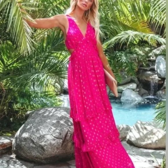 En Creme Dresses & Skirts - Vici En Creme Jessa Magenta Pink w/ Metallic Detail Ruffle Tiered Maxi Dress SzS